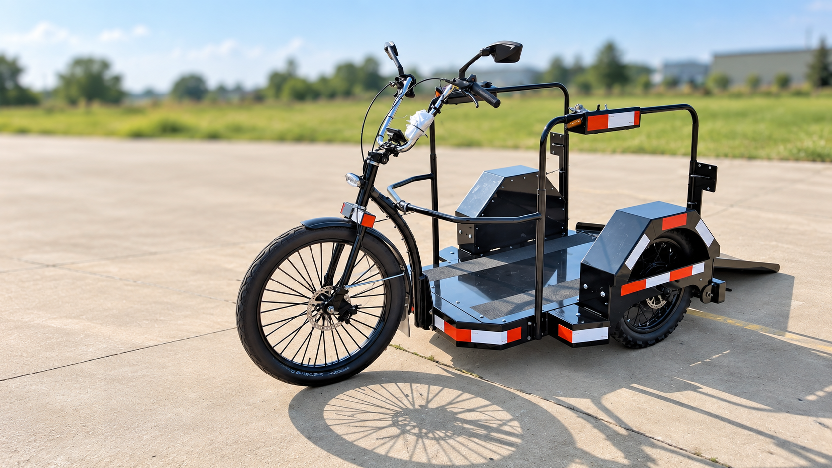 Black Drive-On electric trike with a wide wheelchair platform