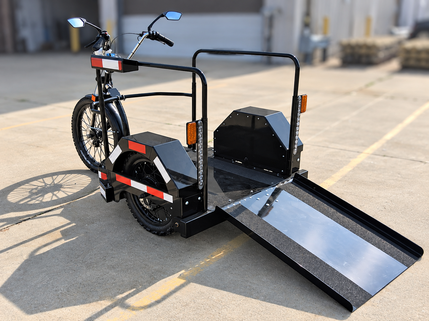 Drive-On electric trike with rear wheelchair ramp lowered