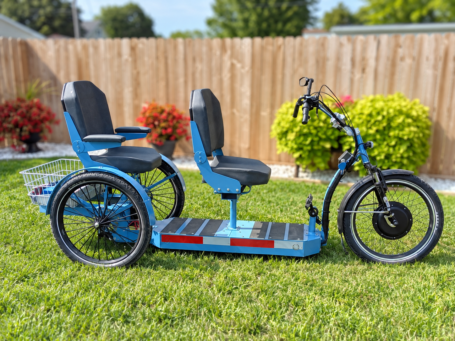 Blue two-seat Step-On tandem electric trike